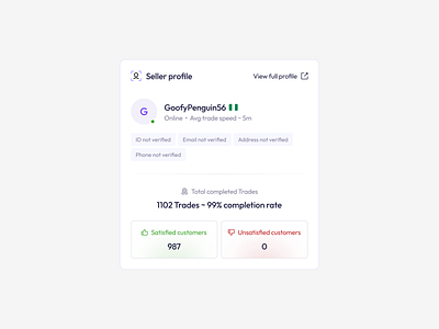 Seller Info Card - P2P Crypto Trading Software blockchain clean design crypto dashboard ui data visualization decentralized digital identity interface design marketplace minimal ui p2p profile card stats display trading platform user profile ux design verification system web3
