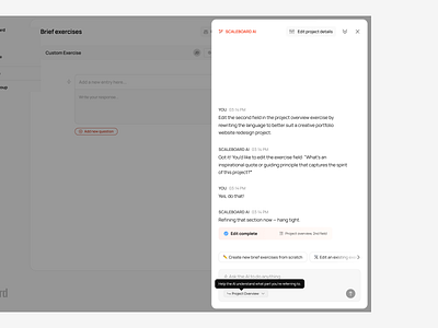 AI Side Modal for Project Brief Creation SAAS ai assistant clean ui collaboration tool creative workflow dashboard ui enterprise software interface design modern dashboard productivity app project management task management ui design ux design web app