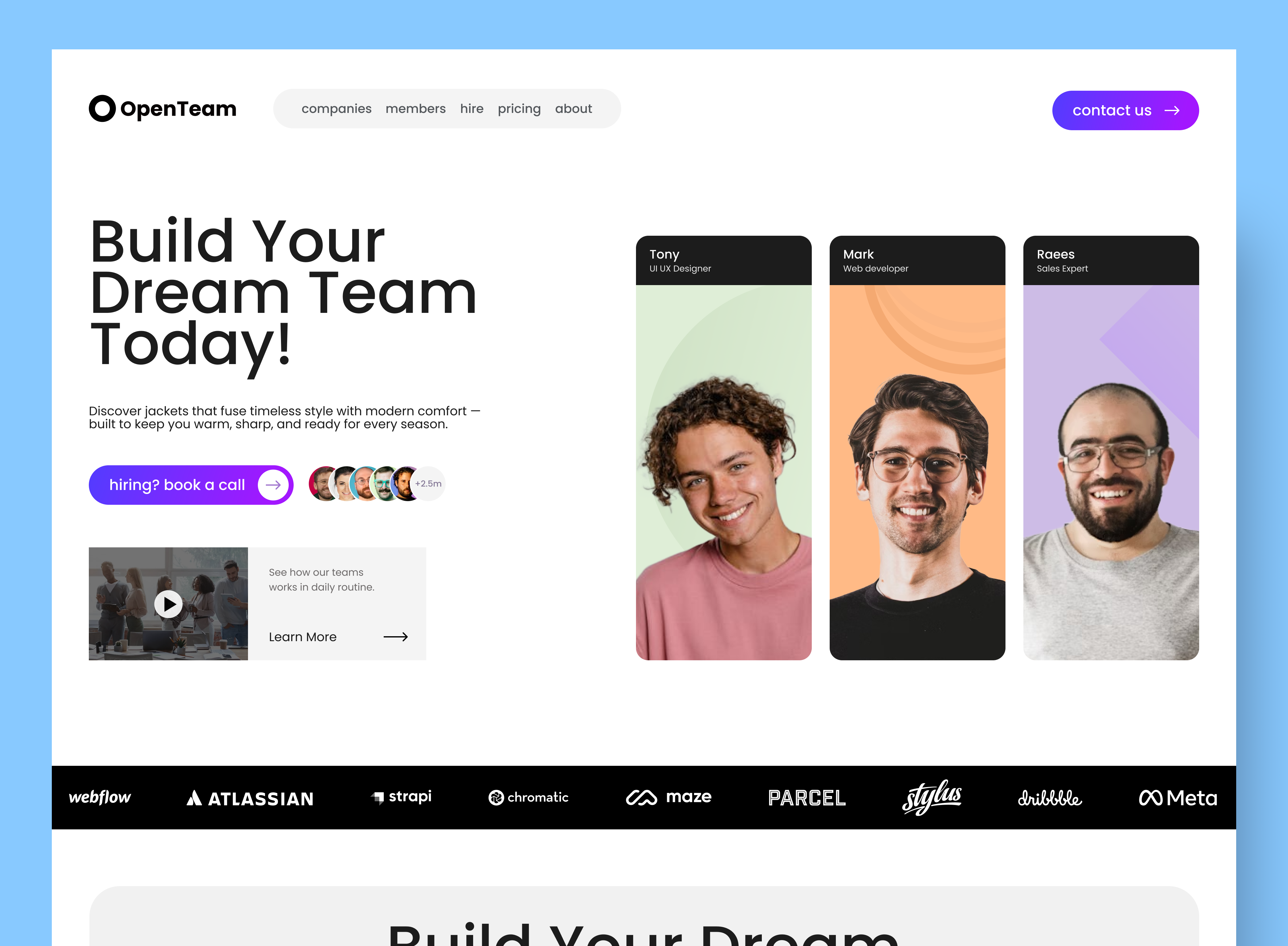 OpenTeam Landing Page –Team management: web design collaboration hero section landing page minimal modern productivity project management saas team management teamwork ui web design work
