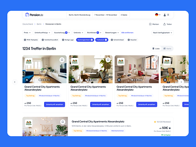Pension Listing Page desktop filter list listing rental search ui ux webdesign website