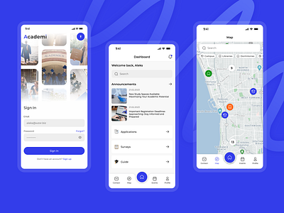 Academi – Your Guide to Student Life 🎓 app blog blue concept dashboard guide login map mobile student study ui uniwersity