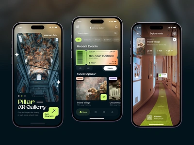 Pillar - AR Art Gallery app ar art artwork augmented clean dark gallery gradient green guide mobile museum reality ticket ui virtual vr