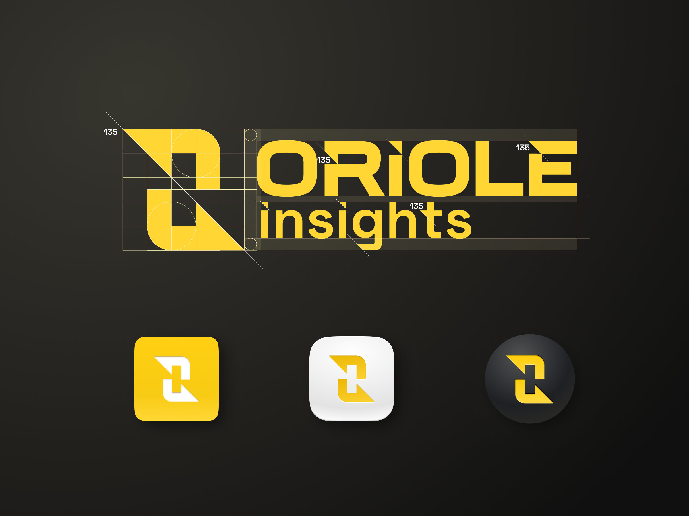 Oriole Insights Logo 3d brand guidlines branding branding identity crypto cryptocurrency brand identity dynamic explanation identity lettering logo sign minimalistic illustration modern modular grid sign vector web3 logo yellow
