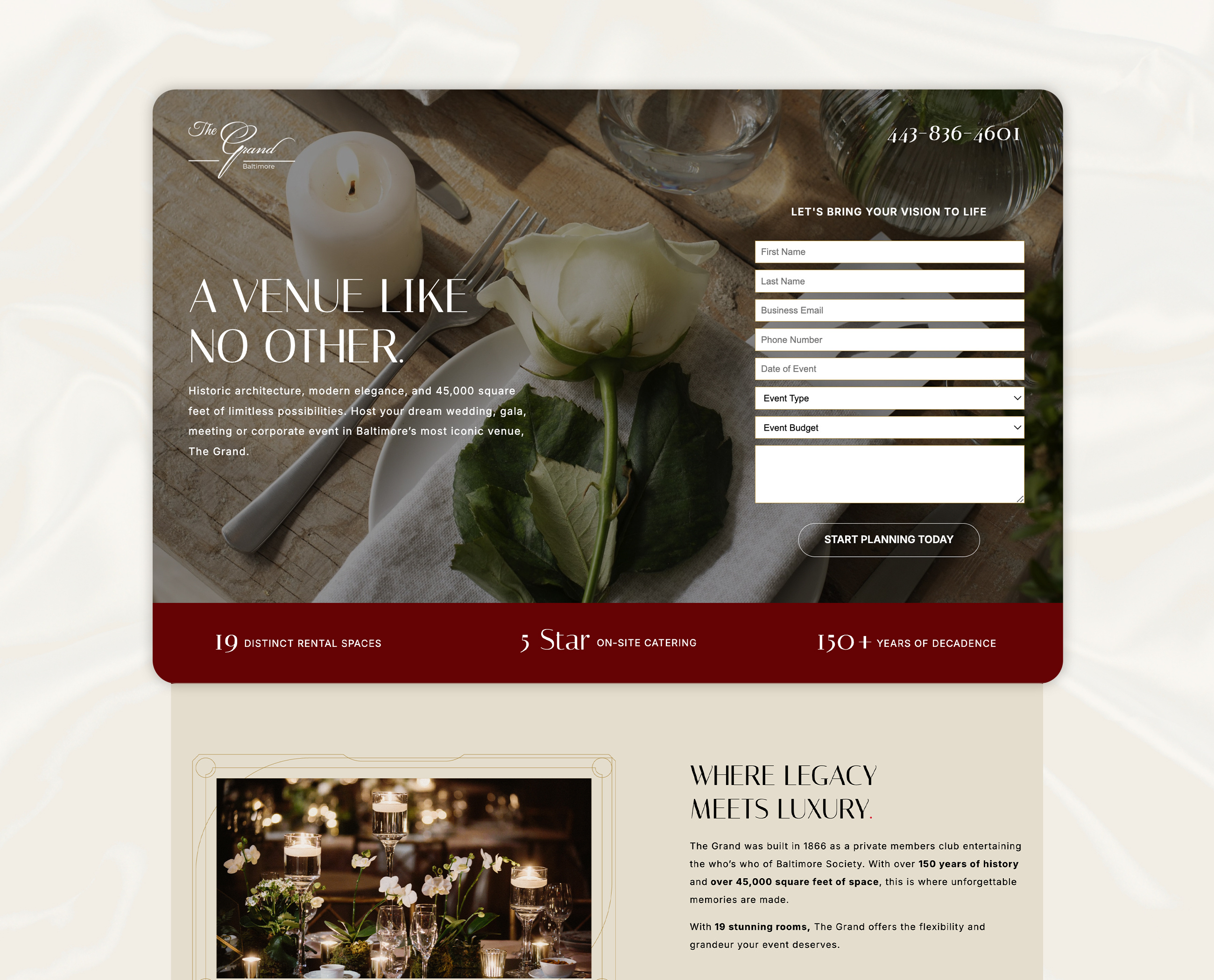 The Grand Landing Page ad ads baltimore branding design graphic design illustration landing page location marketing meta page ppc rebrand site the grand ui ux venue wedding