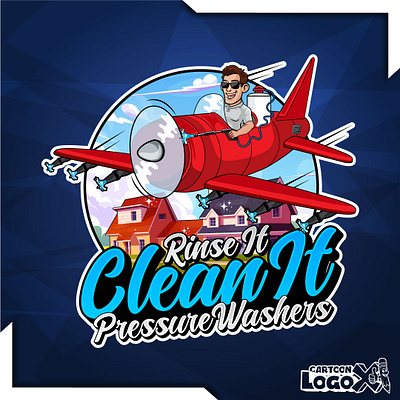 Custom Cartoon Pressure Washing Logo – Rinse It Clean It cartoon logo design character logo design usa mascot logo design pressure washing mascot logo property cleaning logo residential cleaning logo
