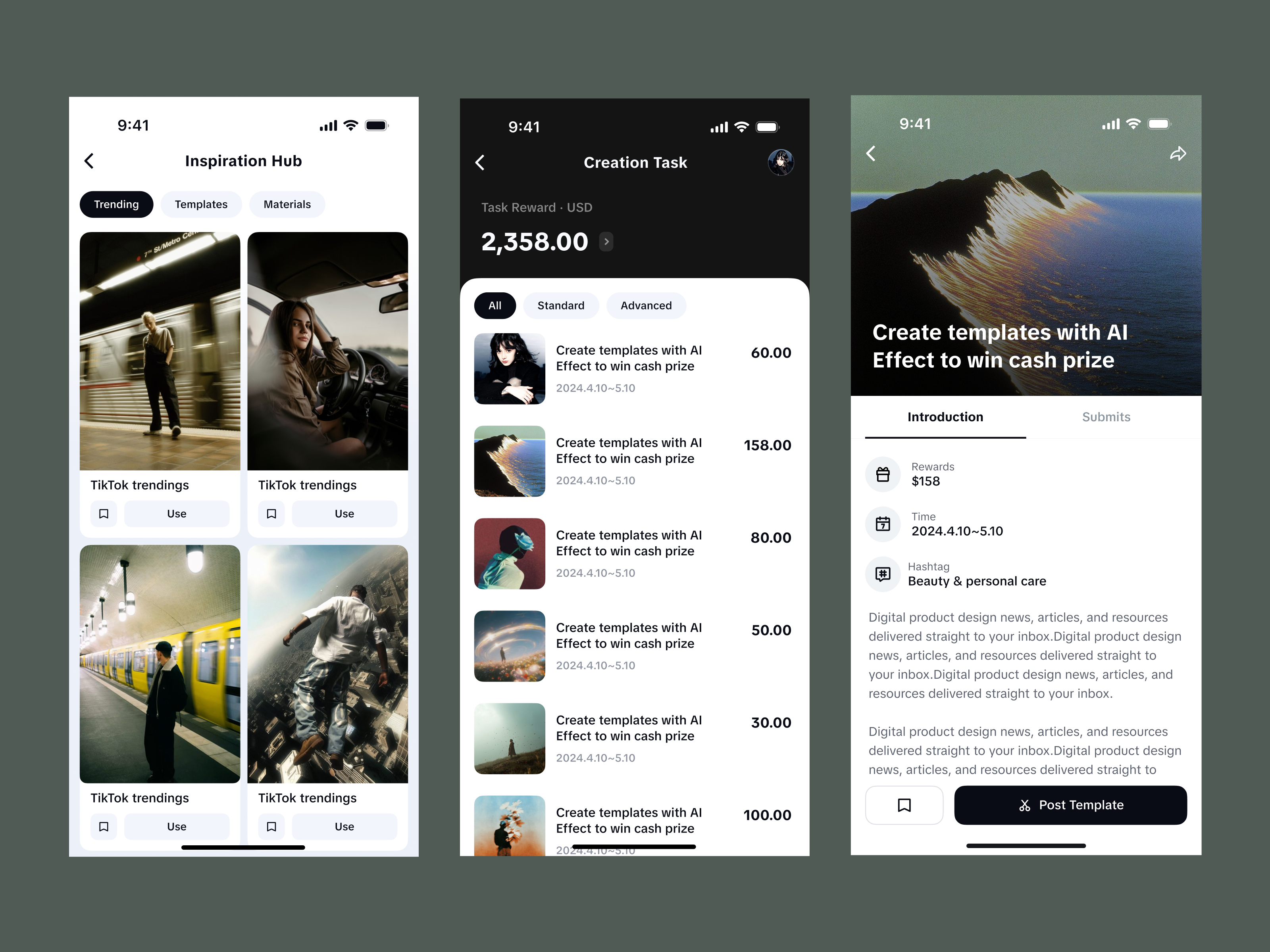 Creation task & Inspiration hub app creation task creator inspiration hub ui ux