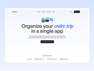 Travel App Web Design adventure app blue booking app clean design gradient hero section landing landing page tourism travel travel agencyc travelling trip trip planner web website design