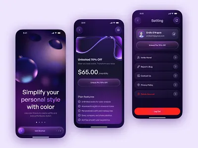 Subscription & Settings – Color Analytics App app app design color analytics color app fucturestic app fucturestic design mobile app pro feature profile profile page profile setting settings settings page subscription page subscription screen