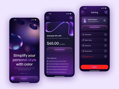 Subscription & Settings – Color Analytics App app app design color analytics color app fucturestic app fucturestic design mobile app pro feature profile profile page profile setting settings settings page subscription page subscription screen