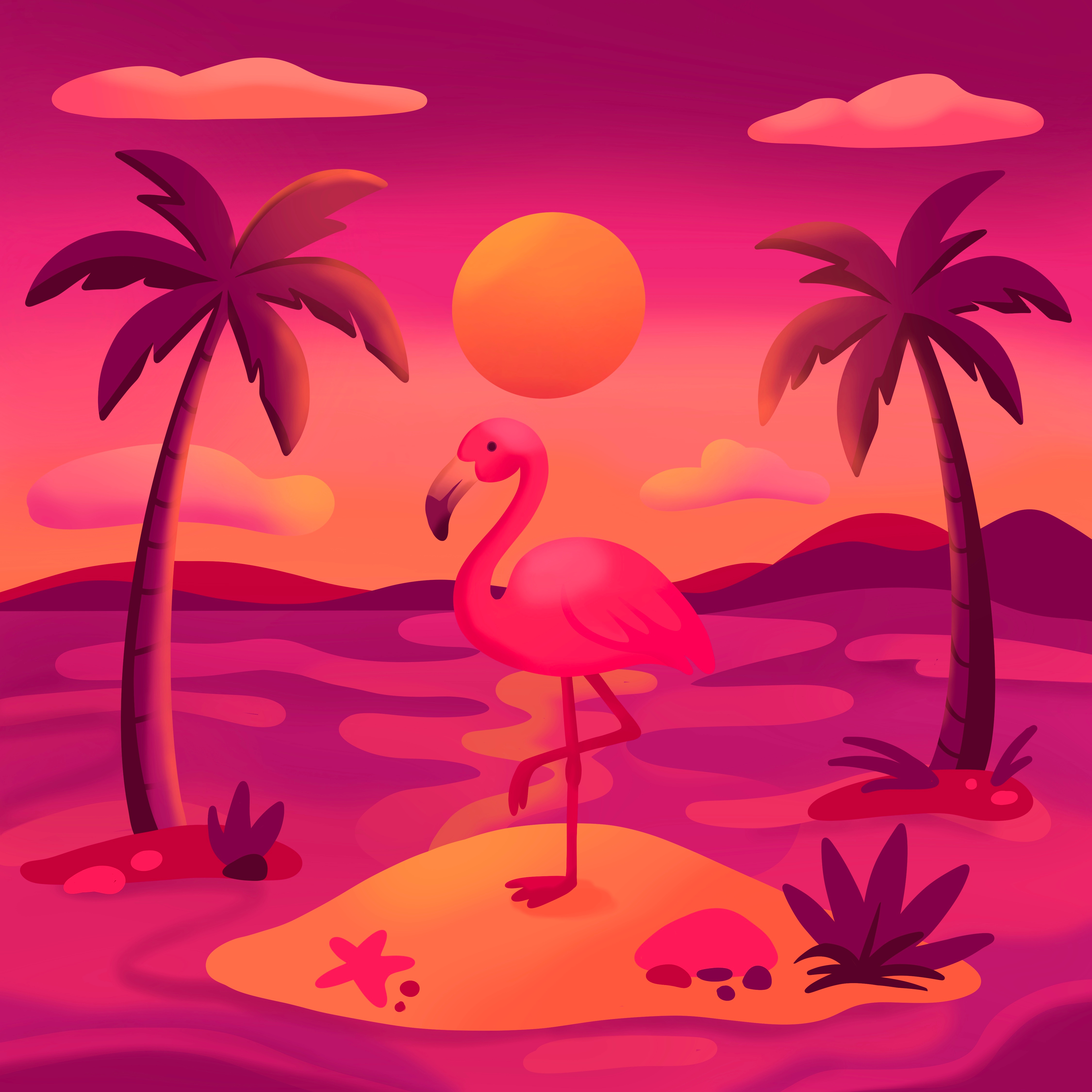Low-fi Flamingo Sunset beach chill chill vibes colorful creative digital art digital illustration flamingo gradient illustration low fi mood moody palm tree relax sunset tropical vacation vibe vibrant