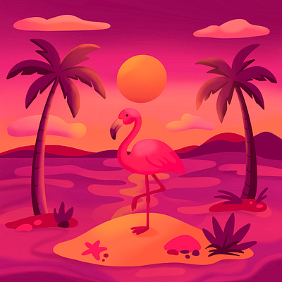 Low-fi Flamingo Sunset beach chill chill vibes colorful creative digital art digital illustration flamingo gradient illustration low fi mood moody palm tree relax sunset tropical vacation vibe vibrant
