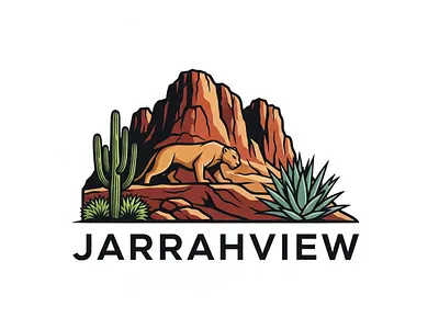 JarrahView brand logo cougar walking desert landscape logo design outdoor adventure saguaro cactus