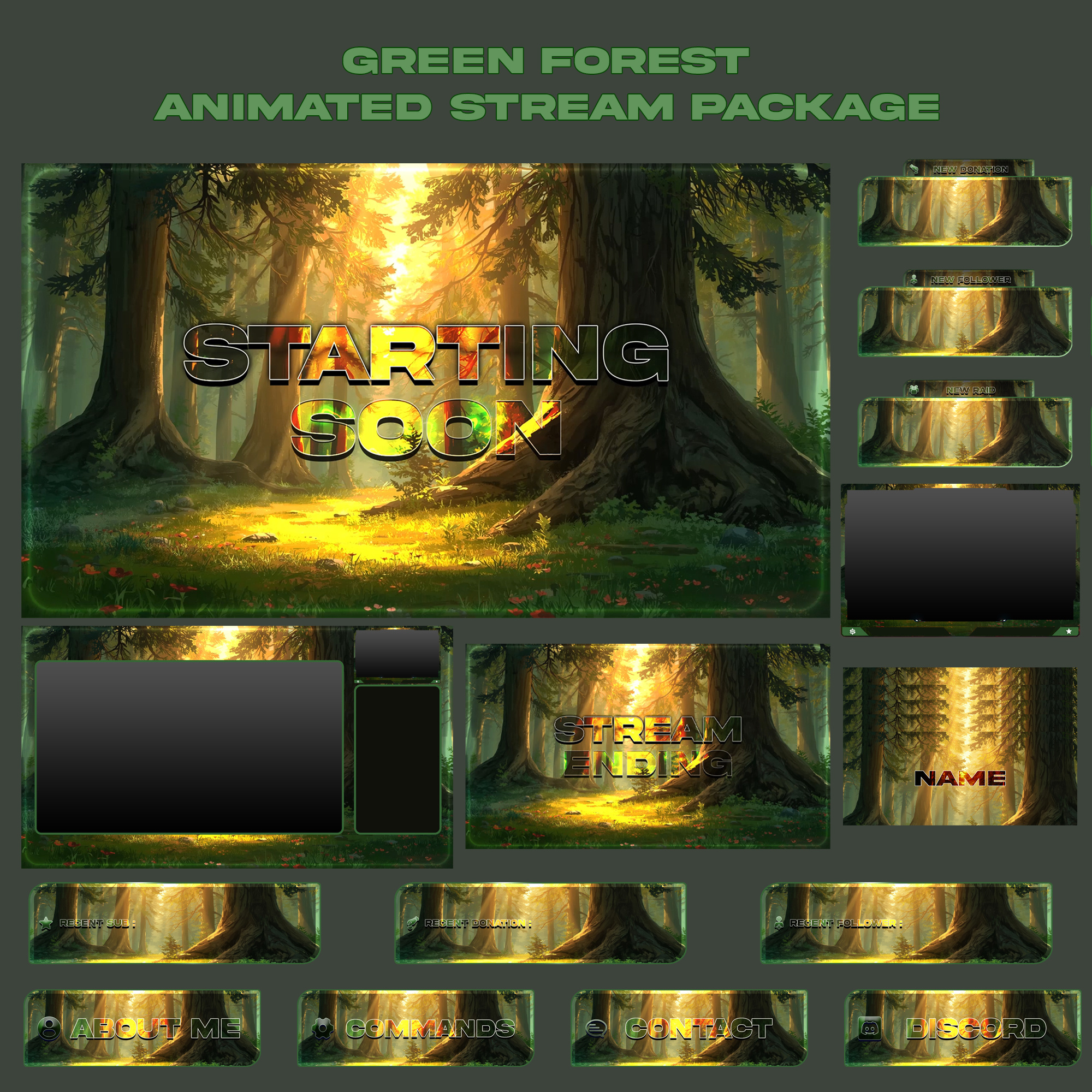 Green Forest Animated Stream Package: For streaming Overlay animated pack stream animated screens banner branding design illustration kick overlay kick screens kick stream animated overlay overlay overlay stream pack stream overlay stinger transition stream stream design stream overlay stream pack twitch