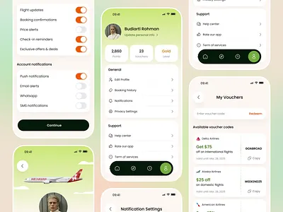 Profile and Settings App account airline booking clean figma gradient minimal notifications preferences privacy profile rewards security settings toggles travel ui user ux voucher