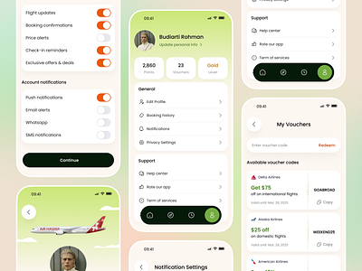 Profile and Settings App account airline booking clean figma gradient minimal notifications preferences privacy profile rewards security settings toggles travel ui user ux voucher