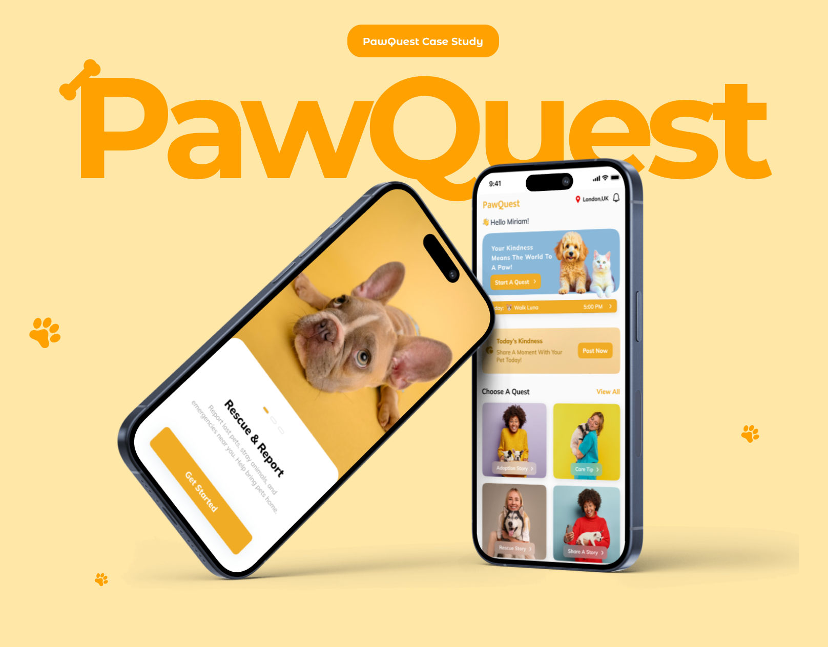 PawQuest - The Petcare and Rescue Hub case study community app global impact app mobile app design pet care app pet rescue product design reporting system style guide ui user research uxui design wireframes