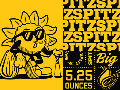 Spitz Sunflower Seeds - R1 Mascot, Type, Pattern badge baseball branding cpg graphic design illustration mascot packaging playful process sketching spit spitz sunflower sunflower seeds sunglasses texas vector vintage