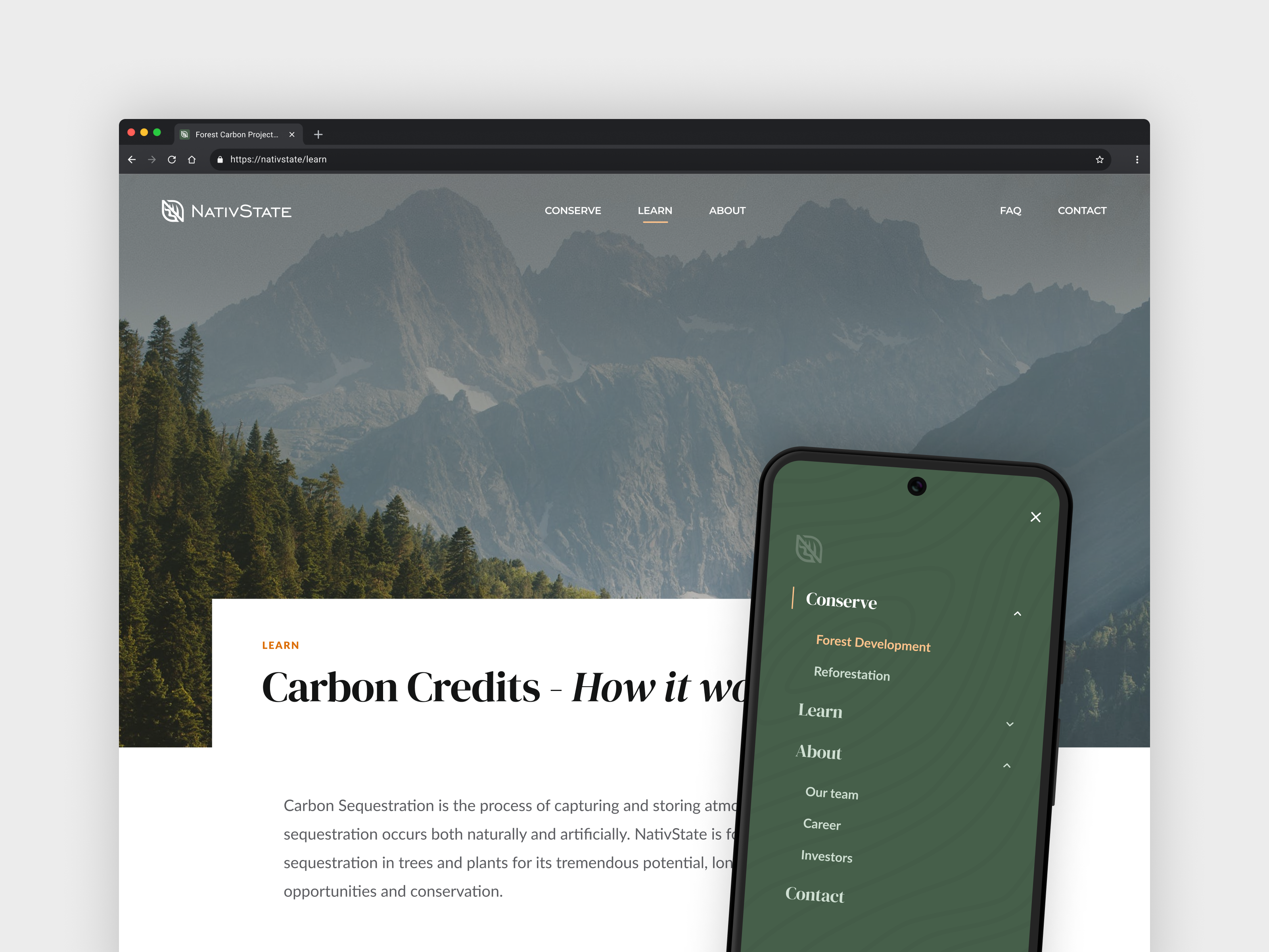 Website design | NativState carbon clean climate environment forest land landowner mobile nature outdoors simple tree ui website woods