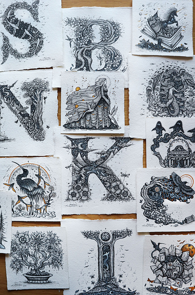 Selection of Illustrated Works art book branding design drawing fantasy graphic design handmade illustration logo magical nature pen and ink pen art scenery