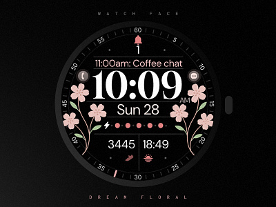 Floral Digital Watch Face black bloom design digital elegant floral flowers google graphic design illustration modern pink samsung smartwatch technology ui watch watchface wear os
