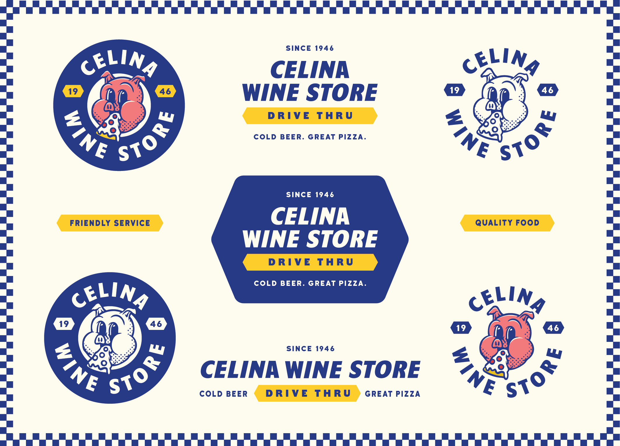 Celina Wine Store Brand brand badge branding burger shop drive thru logo logo illustration old school pig pig character pig illustration pizza brand pizza shop primary colors restaurant retro brand vintage brand wine