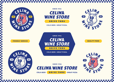 Celina Wine Store Brand brand badge branding burger shop drive thru logo logo illustration old school pig pig character pig illustration pizza brand pizza shop primary colors restaurant retro brand vintage brand wine