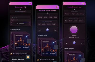 Voice search AI 3d ai artificial intelligence avatar bot dark mode figma filter header ia mobile motion ui prototyping search stack cards tag travel ui voice voice search