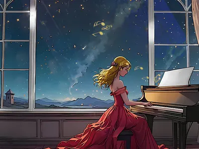 🌟 Starlit Pause(Twitch) 🌌🎶 🎨 Studio: Stallion Studio LTD anime cartoon design illustration open for commission piano girl rig stallion studio limited starlit pause twitch screen welcome screen