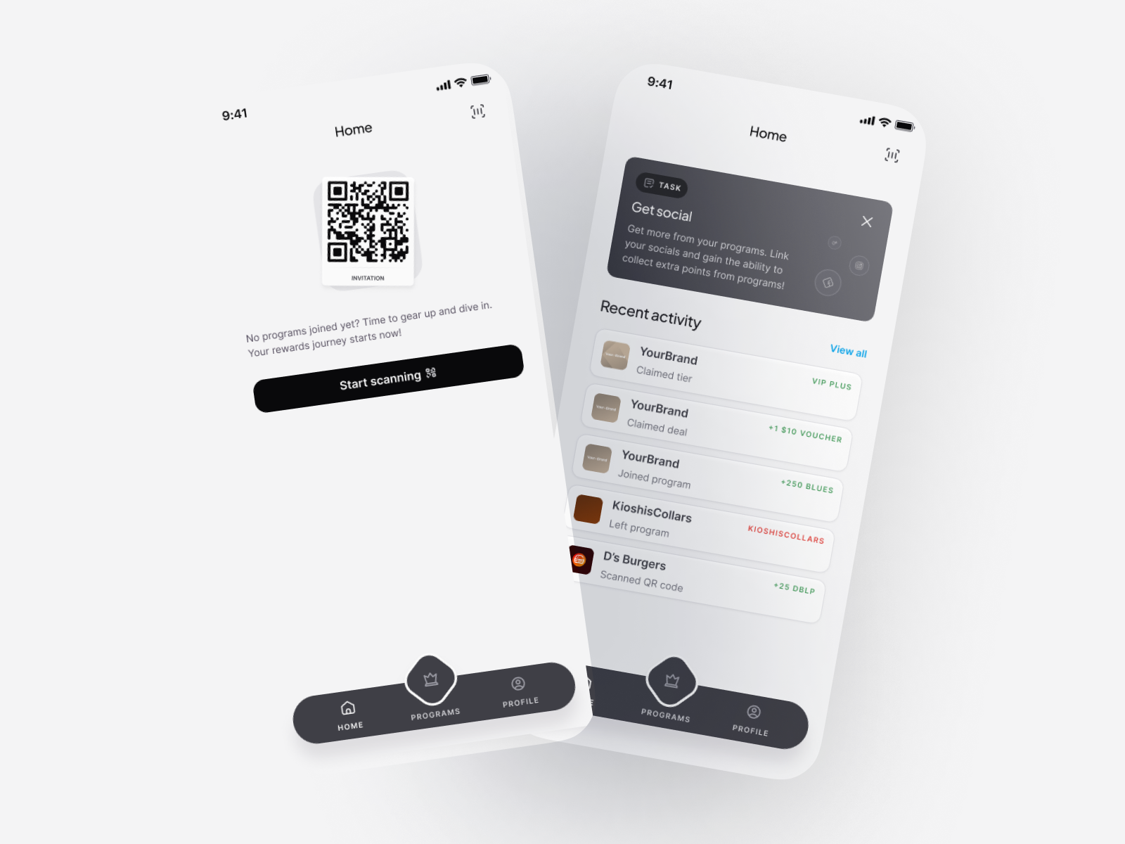 Home screen with and without activity design loyalty program ui ux