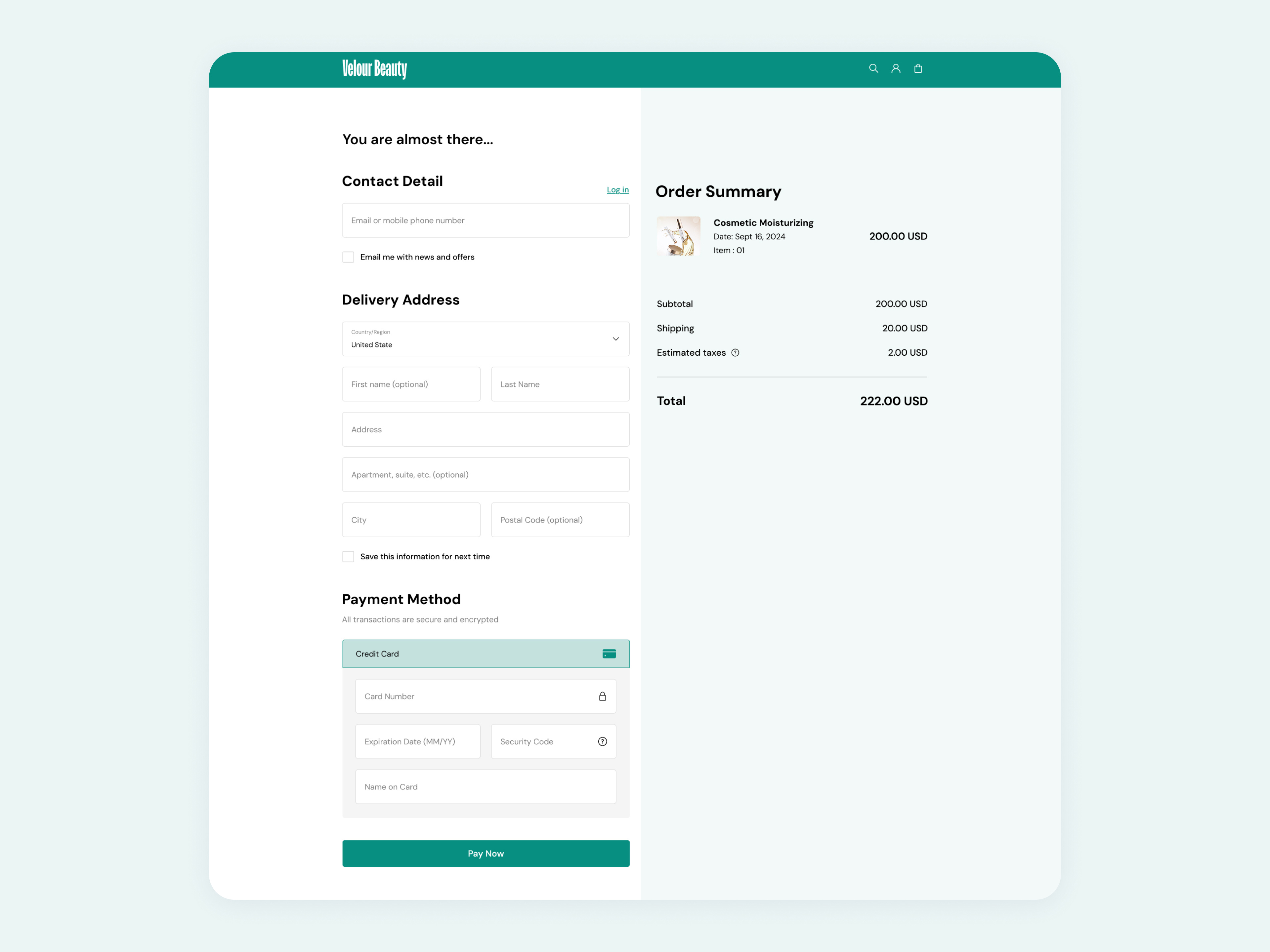 Minimal Checkout Page – Velour Beauty 💳✨ add to cart cart item checkout checkout page design dribbble shots ecommerce design figma figma design graphic design motion graphics payment method ui ui design uiux uiux design ux ux design webdesign website design