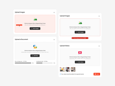 File Upload Modal (Different States) cleanui componentdesign dashboard designsystem draganddrop fileupload formdesign interactiondesign interface microinteractions minimal modals productdesign responsive uiux upload uxdesign webapp webdesign