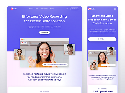 MeBox ⌁ Video messaging tool Landing Page app design flat gradient header home landingpage meet message purple recording team ui video
