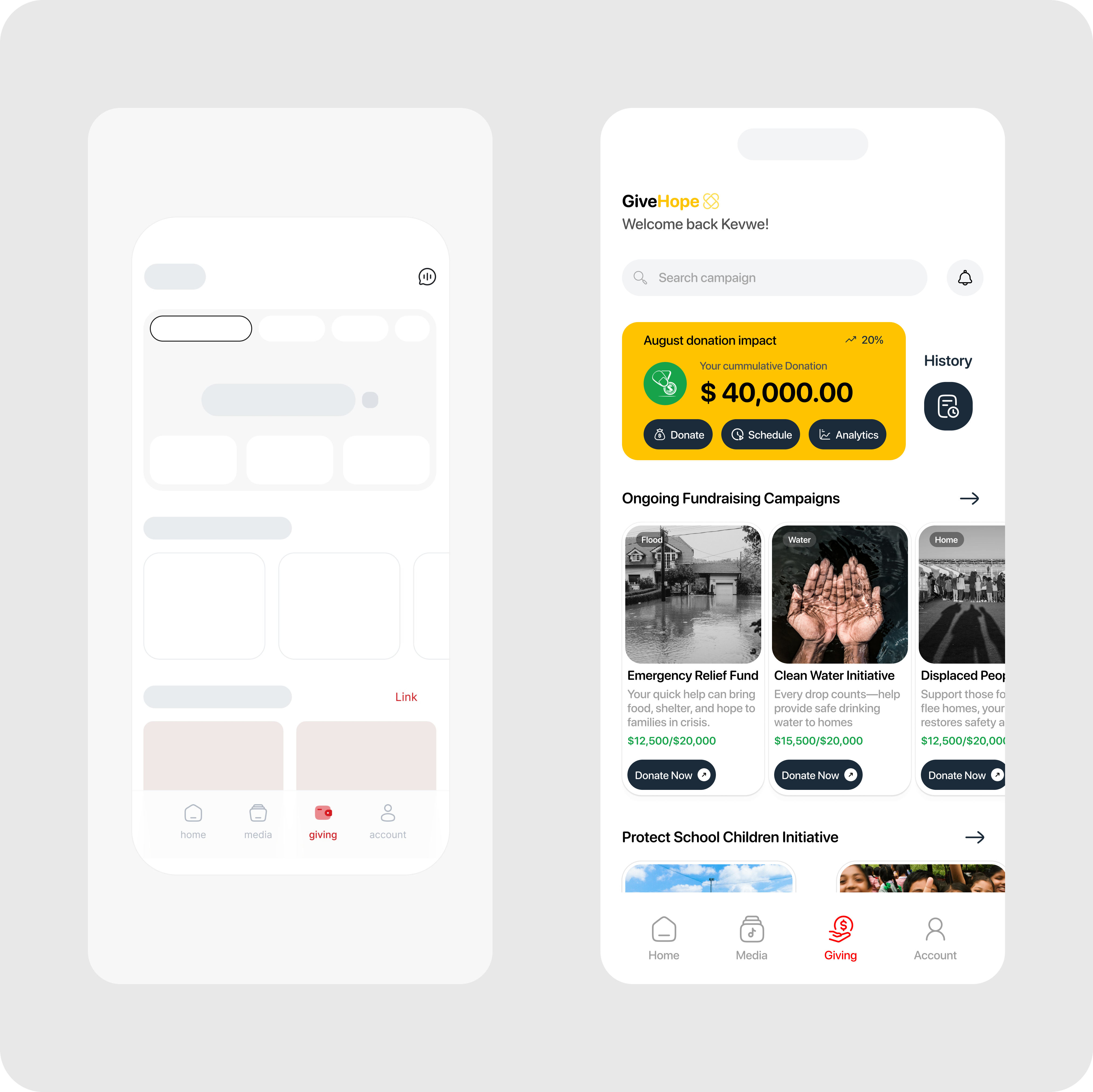 GIVE HOPE - A CHARITY DONATION APP SCREEN charity donation app ui