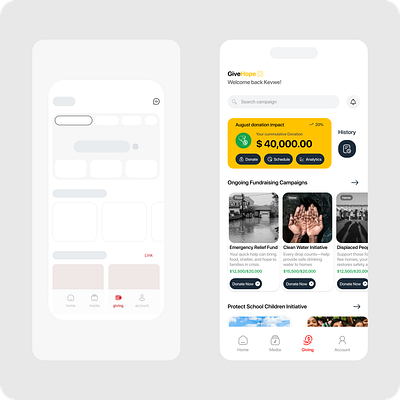 GIVE HOPE - A CHARITY DONATION APP SCREEN charity donation app ui