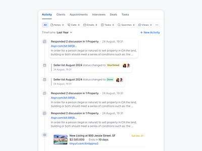 Realtor Agent activity account activity agent b2b dashboard house housing modal onboarding product design profile property property listing real estate realtor saas tabs timeline user profile web ap