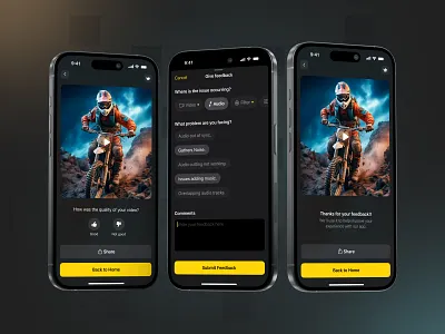 Video Editor App – User Feedback Flow UI app design app feedback app ui customer feedback dark mode export screen feedback ui figma ios app ui mobile app design mobile ui modern design save file thank you ui design uiux user research user survey ui ux design video editor app