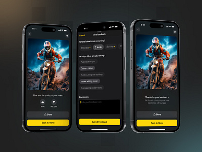Video Editor App – User Feedback Flow UI app design app feedback app ui customer feedback dark mode export screen feedback ui figma ios app ui mobile app design mobile ui modern design save file thank you ui design uiux user research user survey ui ux design video editor app