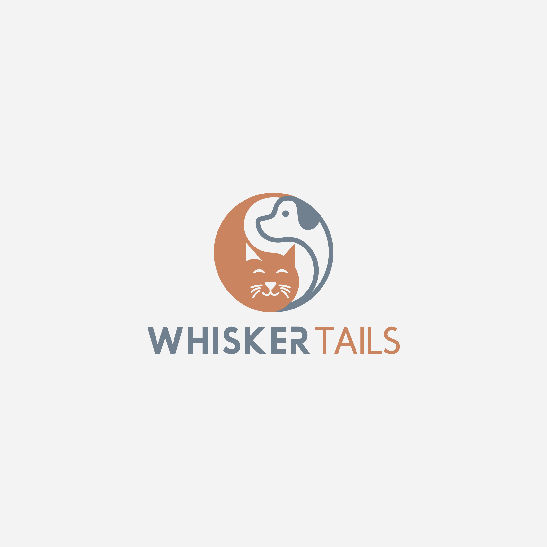 WHISKER TAILS - Yin-Yang Logo with Cat Whiskers & Dog Tail accessories logo amazing logo boutique boutique for dog brand guideline branding cat identity cat logo design dog and cat logo dog guideline flat design identity logo logo design minimal dog modern logo design pet boutique pet care logo yin yang
