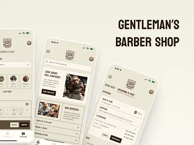 Barbershop Appointment App (3-Screen Concept) appdesign appointmentapp barbershopapp bookingapp branding cleanui designthinking figmadesign interactiondesign minimaldesign mobileappdesign mobileui productdesign retrodesign servicemobileapp uidesign uiux uxdesign vintagevibes warmcolors