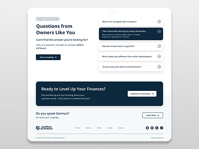 Cashflow Bookkeeping Accounting Financial Services Site Footer about accountant accounting banker banking faq fintech footer info landing page minimal modern money saas section tech ui ux website white