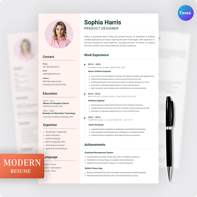 Modern Resume ats friendly resume canva design graphic design modern resume professional resume resume resume template simple resume ui website website template