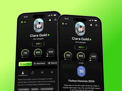 Gigi 3.0 app ios mobile profile scores social media stats ui ux