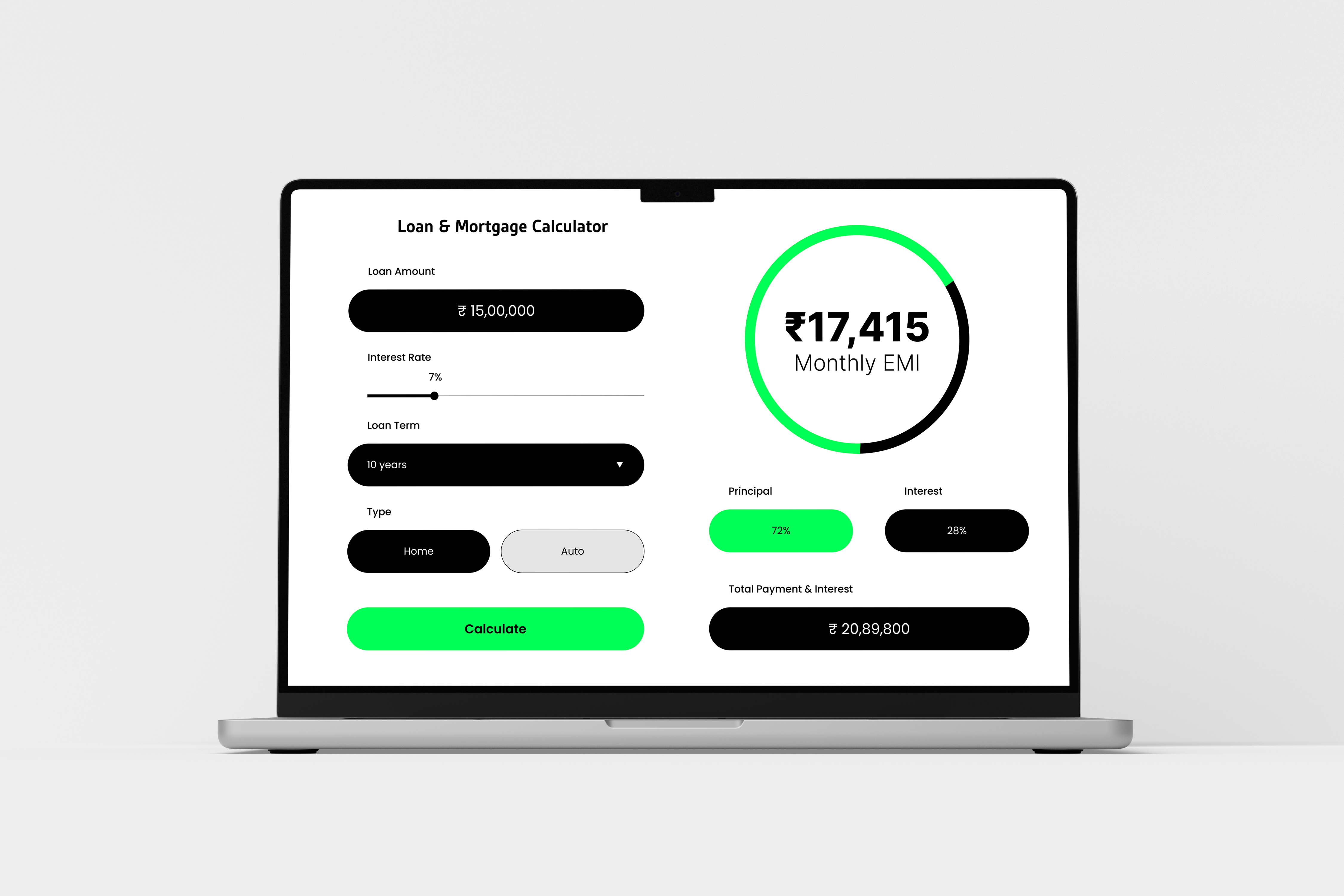 Loan & Mortgage EMI Calculator black calculator contrast creative direction daily ui challenge figmadesign green load minimal modern ui ux website