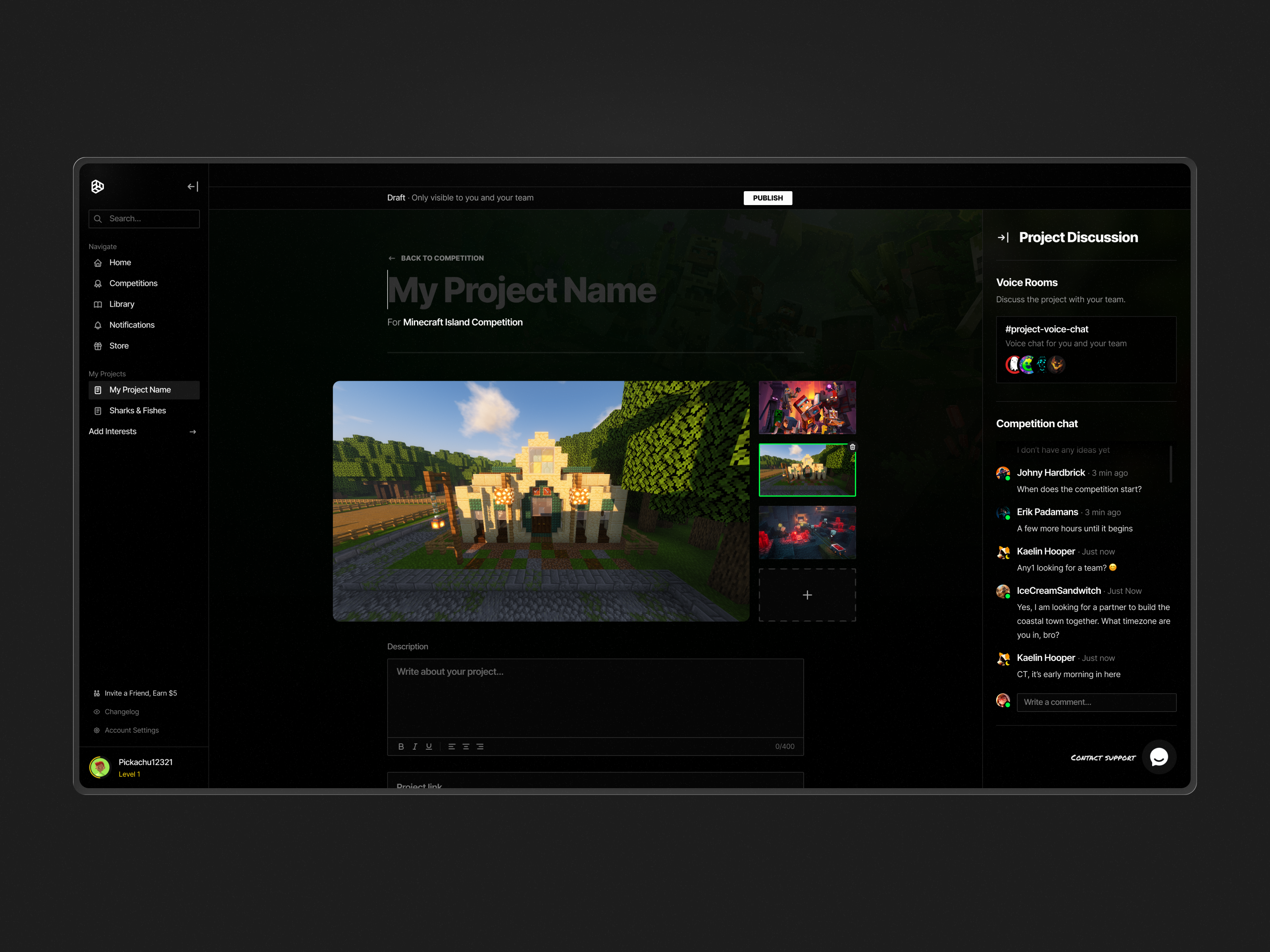 Minecraft Gaming Dashboard UI app design black dashboard dark dashboard education website esports website game dashboard game design game design website game startup game ui game website design gaming gaming app gaming dashboard gaming platform gaming site gaming website gaming websites kids minecraft