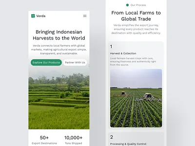 Verda – Mobile Experience for Agricultural Export Platform agricurtural platform agricurture android business site company profile design interaction design ios landing page landing page ui minimalist mobile design ui uidesign uiux ux uxdesign web design web page website