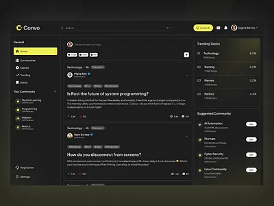 Convo – Modern Dark Social Community App Platform UI Design ai app app design application clean community community platform dashboard luxury minimalist modern platform product design saas social media startup ui web app web design website