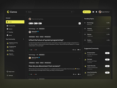 Convo – Modern Dark Social Community App Platform UI Design ai app app design application clean community community platform dashboard luxury minimalist modern platform product design saas social media startup ui web app web design website