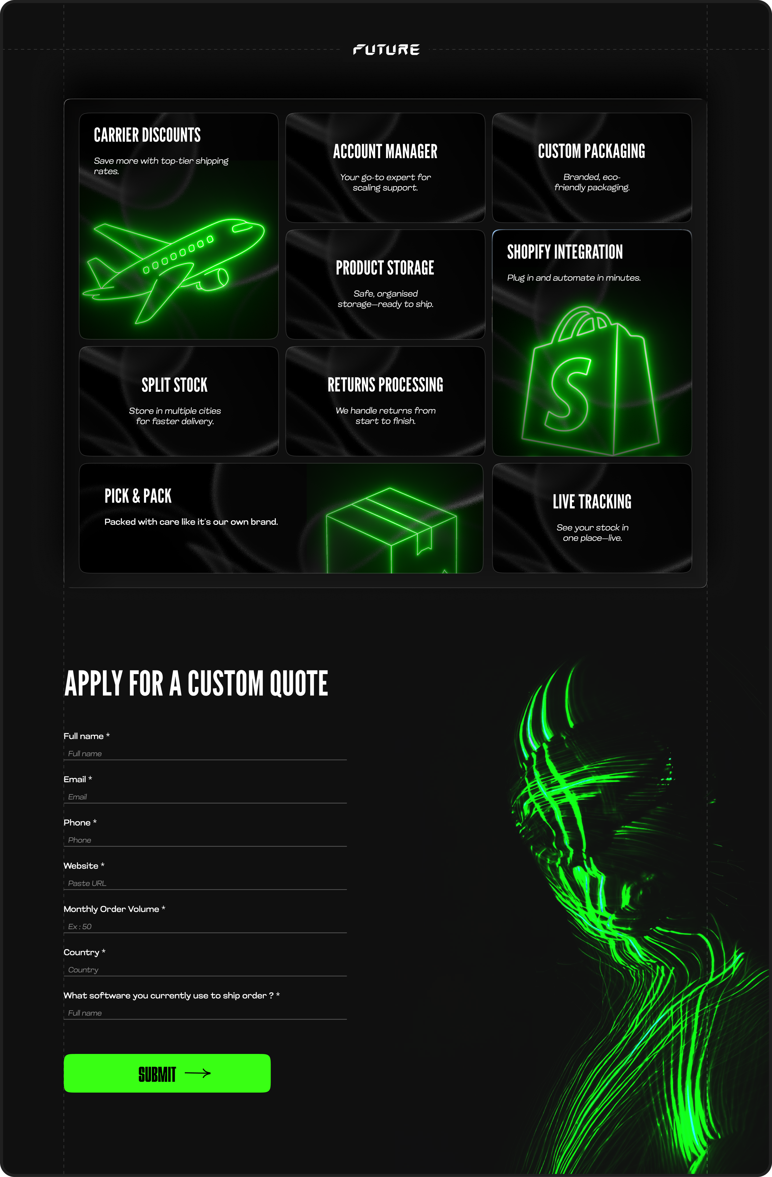 Futuristic Design for E-Commerce Solutions craxinno craxinnotechnologies custompackaging design ecommercedesign figma design futuristicdesign graphic design greendesign modernui neon shippingsolutions shopify shopifyintegration techdesign uxui webdesign