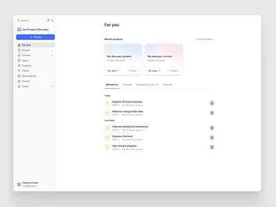 Jira Product Discovery redesign concept. concept design homepage sidebar web app