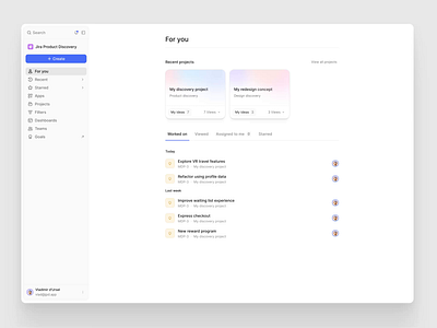 Jira Product Discovery redesign concept. concept design homepage sidebar web app